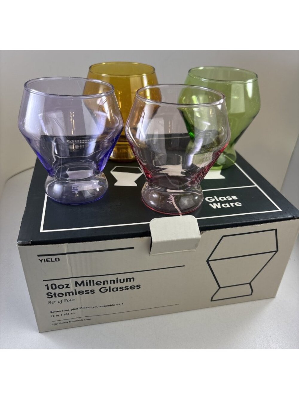 YIELD Stemless Glasses Millennium Collection Borosilicate Glass Set 4 NIB